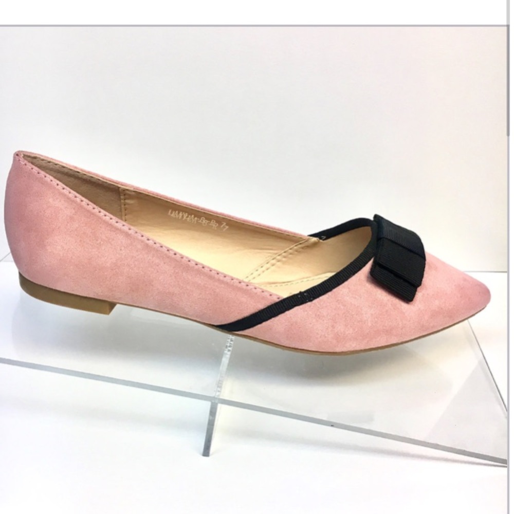 Pink Pointed Toe Flats with Black Bow - Faux Suede - Picture 3 of 7